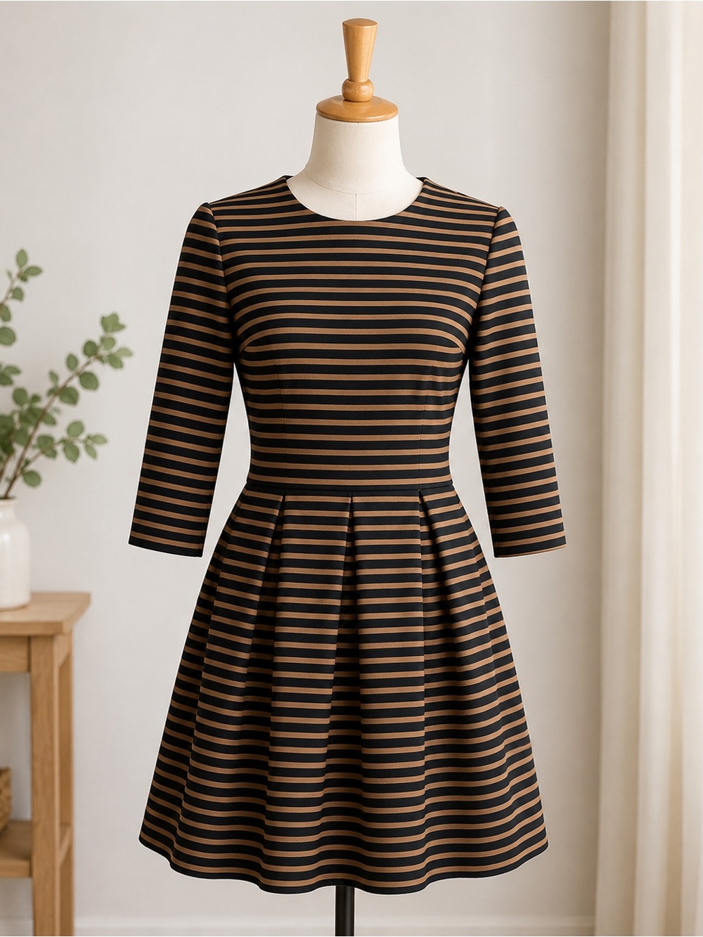 GAP Size 0 Black & Tan Striped Fit & Flare Dress 3/4 Sleeve